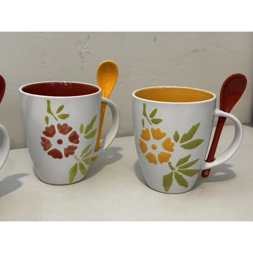 Lot Of 3 Pier 1 Stoneware Coffee Mugs 14 oz  with Spoons Fowers Hand painted